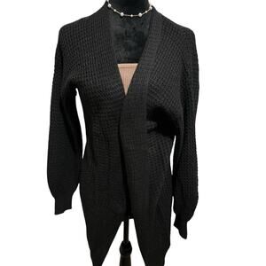 Long Black Waffle Knit Open‑Front Cardigan – Size L – EUC